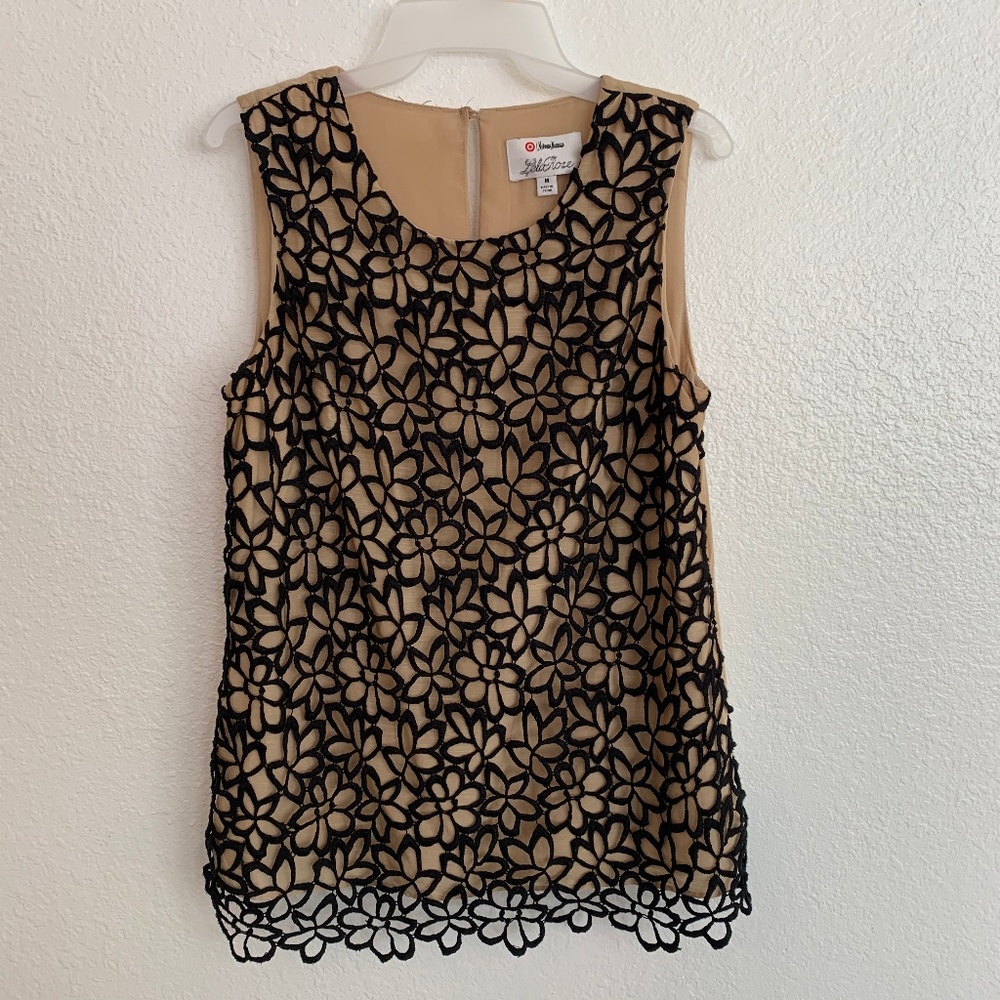 LELA ROSE - Black/Tan Flower Lace Top